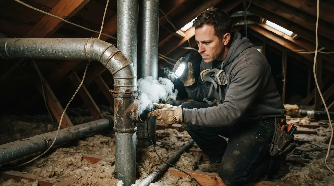 Smoke test showing a cracked vent joint in an attic