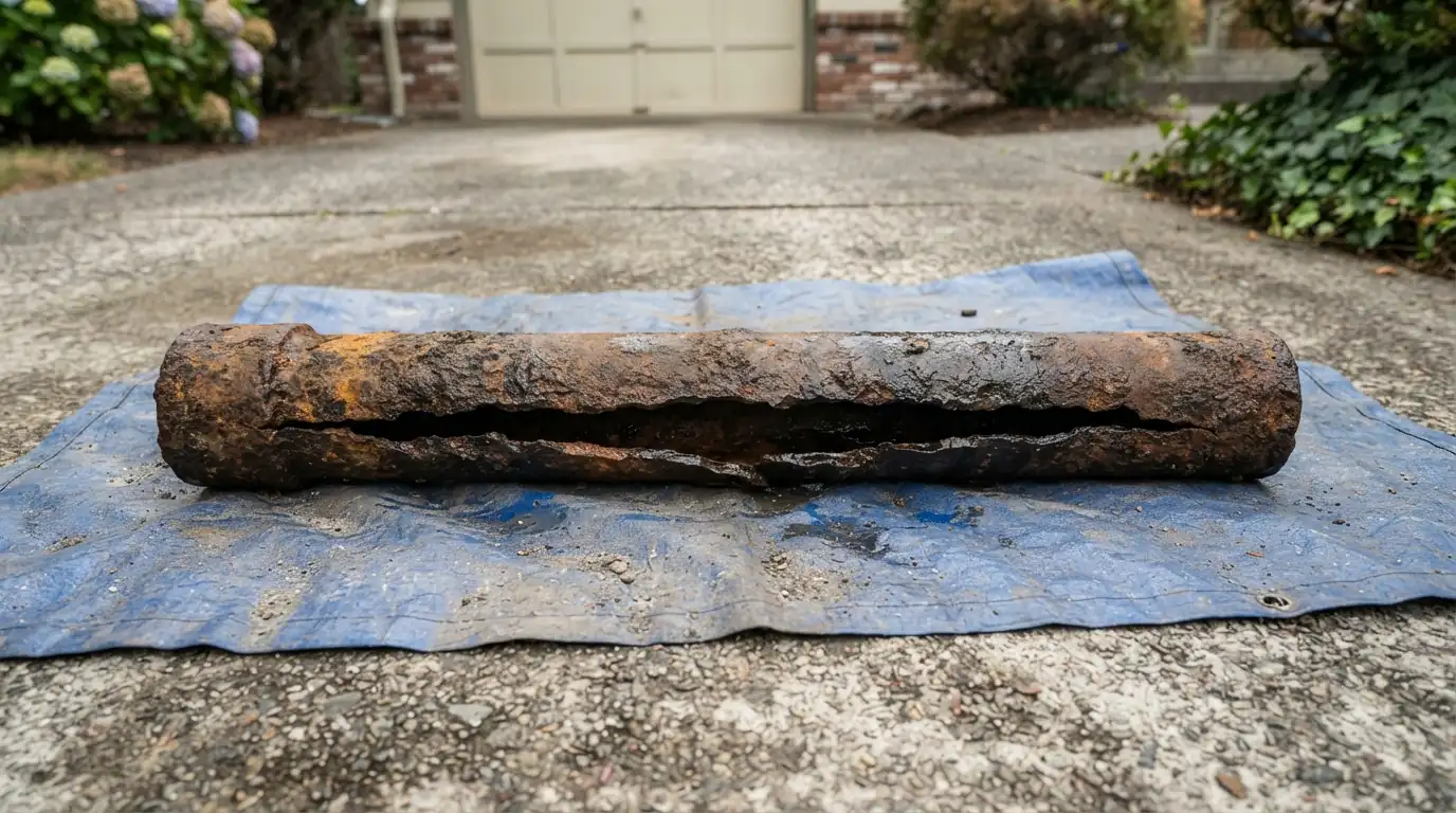 Cracked cast iron drain section removed from a house