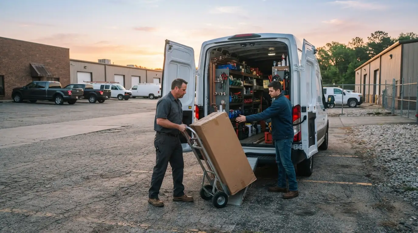 Plumbing service van being loaded for calls in San Jose