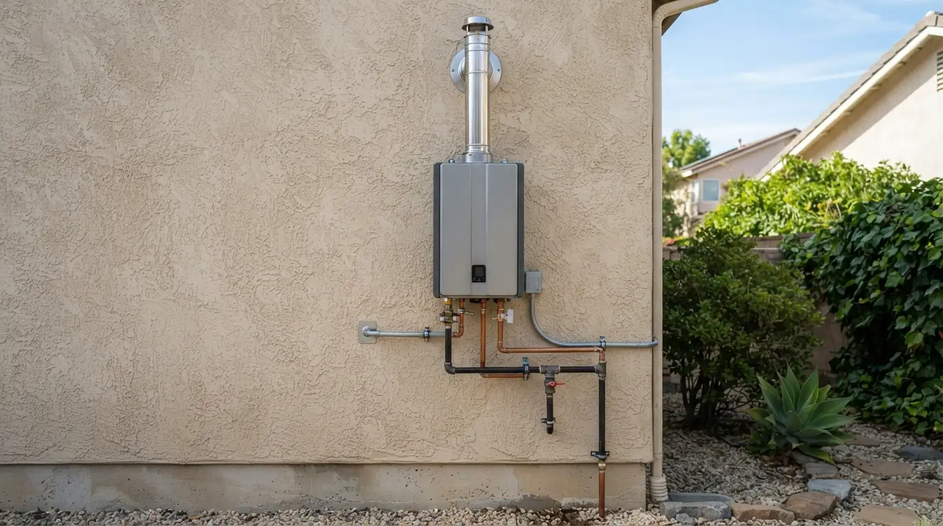 Tankless water heater installed on a San Jose home exterior