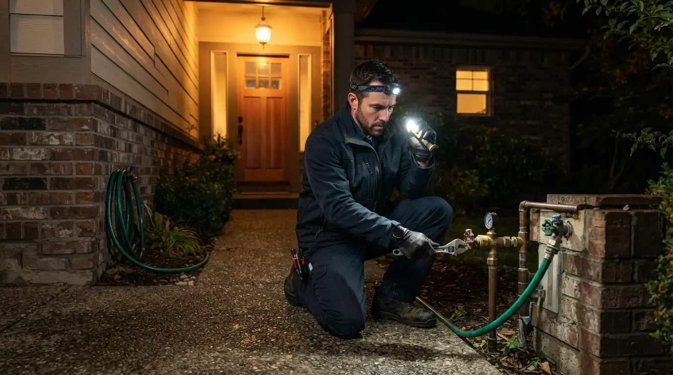 Plumber closing a San Jose home's main water shutoff at night