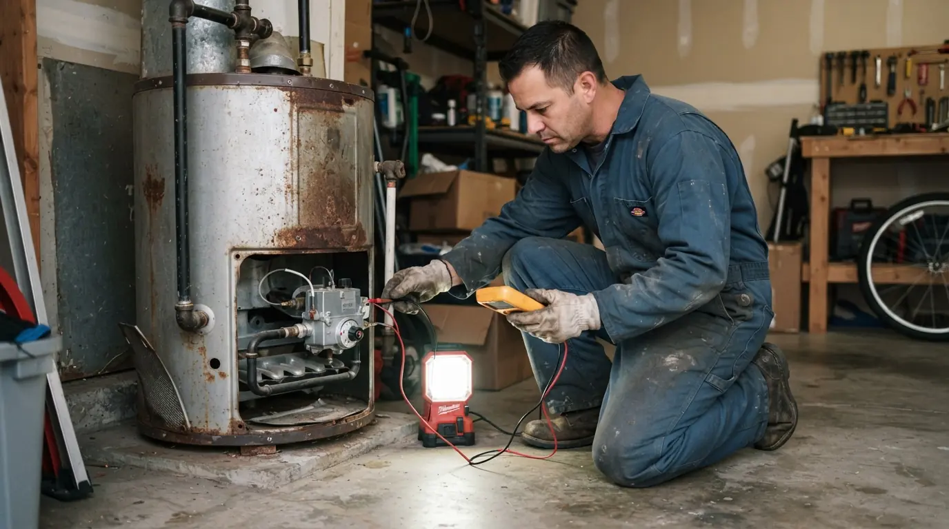 Plumber testing a gas water heater control in a San Jose garage