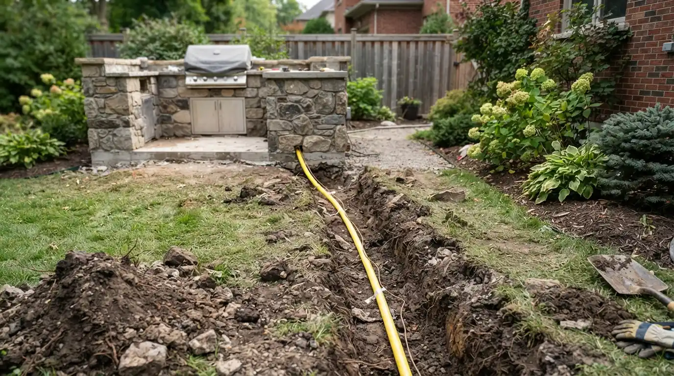 Buried gas line trenched to an outdoor kitchen