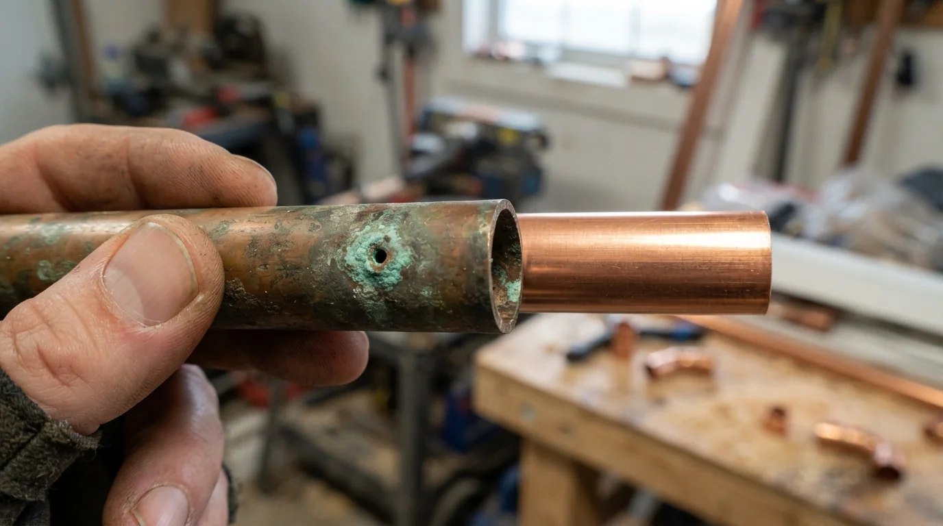Copper pipe section with a pinhole leak beside new pipe