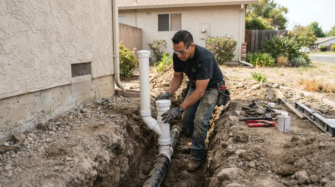 Two-way sewer cleanout installed beside a San Jose foundation