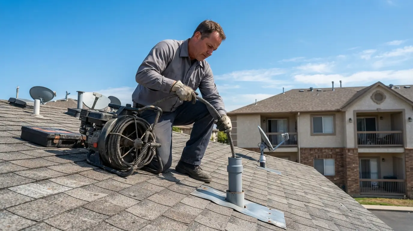 Drain stack cleared from an apartment roof vent