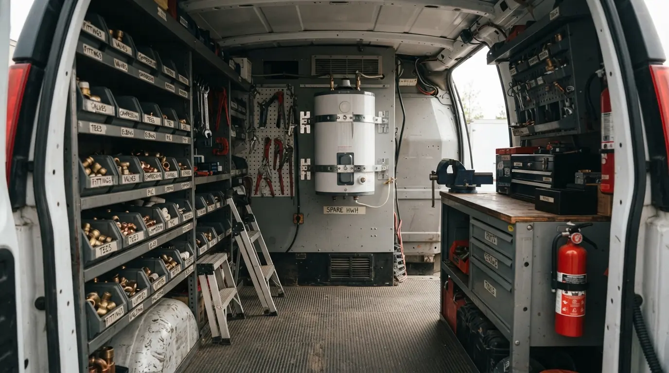 Organized plumbing van stocked for service calls in San Jose