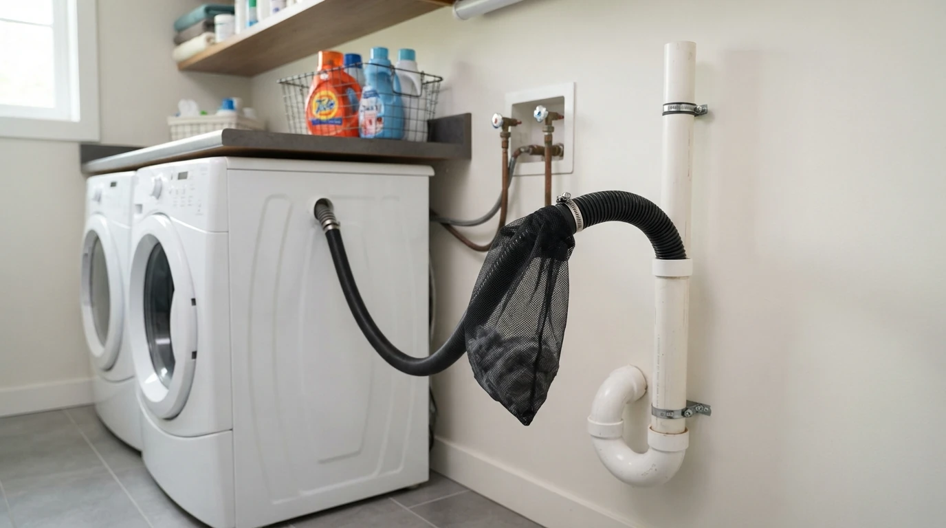 Lint trap on a washer discharge hose at the standpipe
