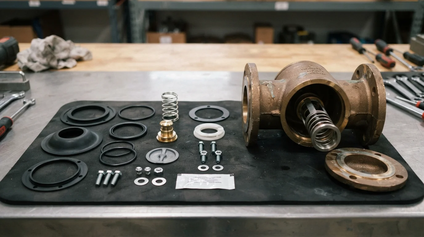 Backflow assembly rebuild parts beside an opened check valve