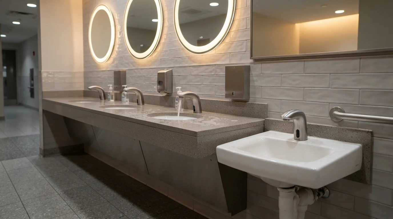 Commercial restroom counter with sensor faucets