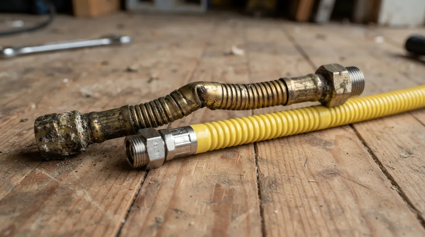 Old gas connector removed from behind a range during an appliance disconnect