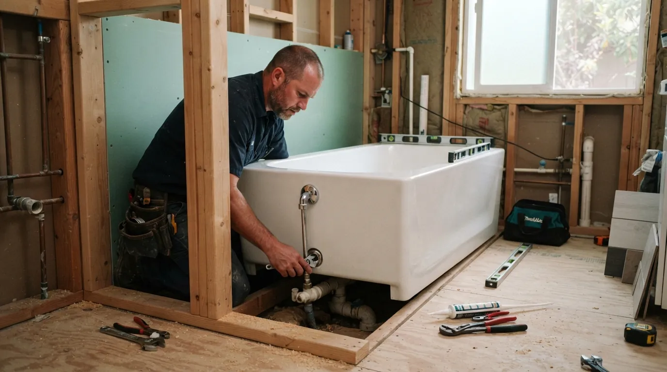 New alcove bathtub being set in a San Jose bathroom