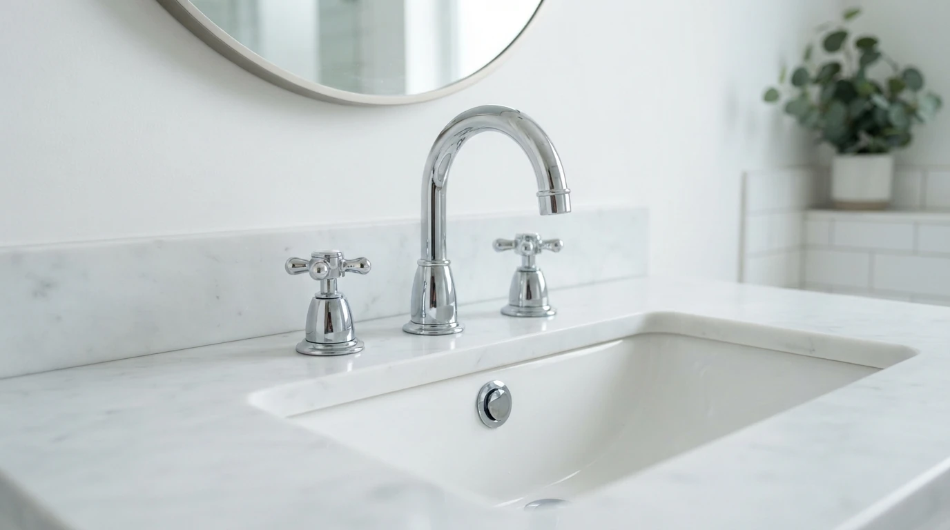 New widespread bathroom faucet on a white vanity