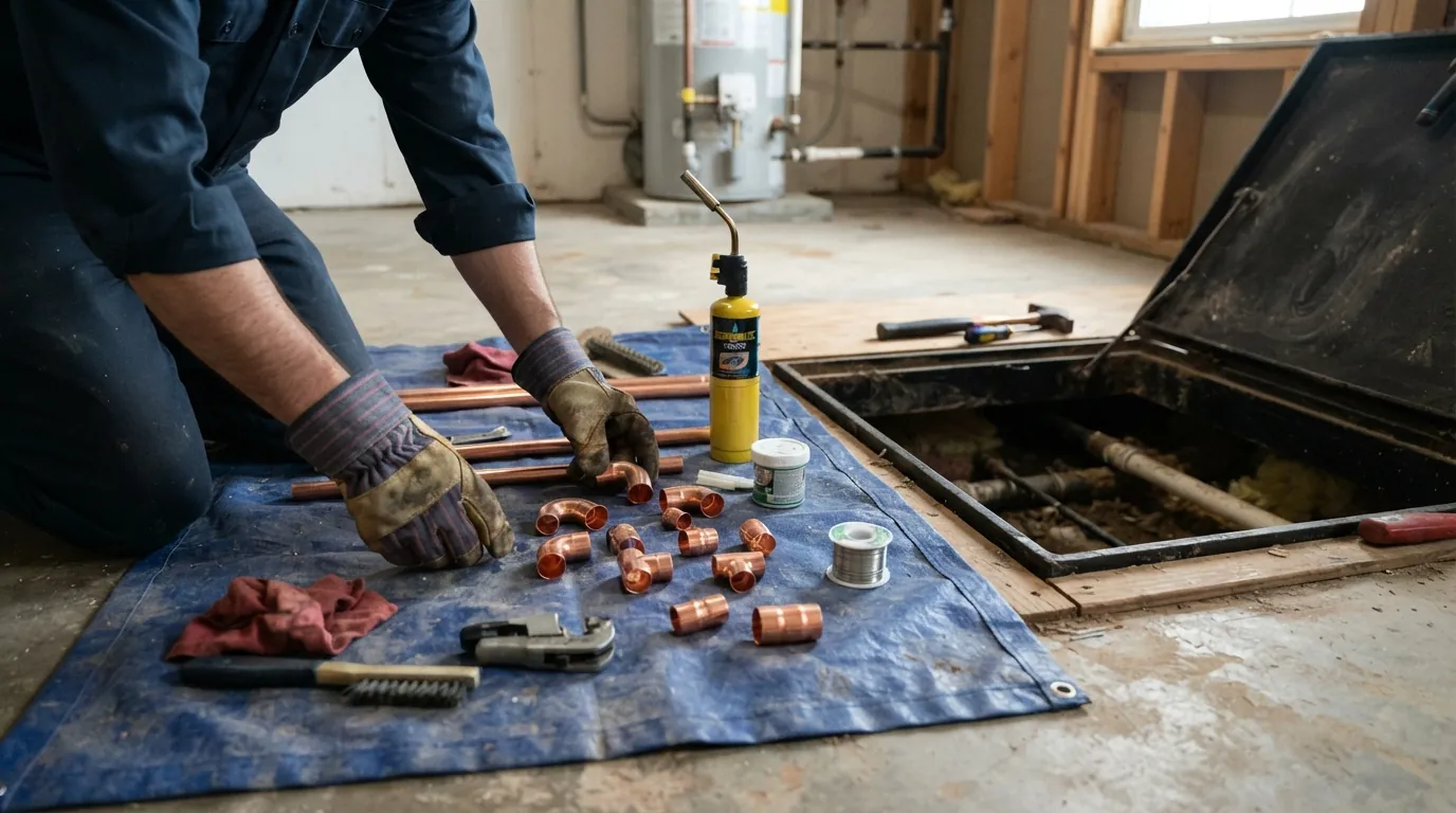 Copper fittings and tools laid out for a plumbing job in San Jose
