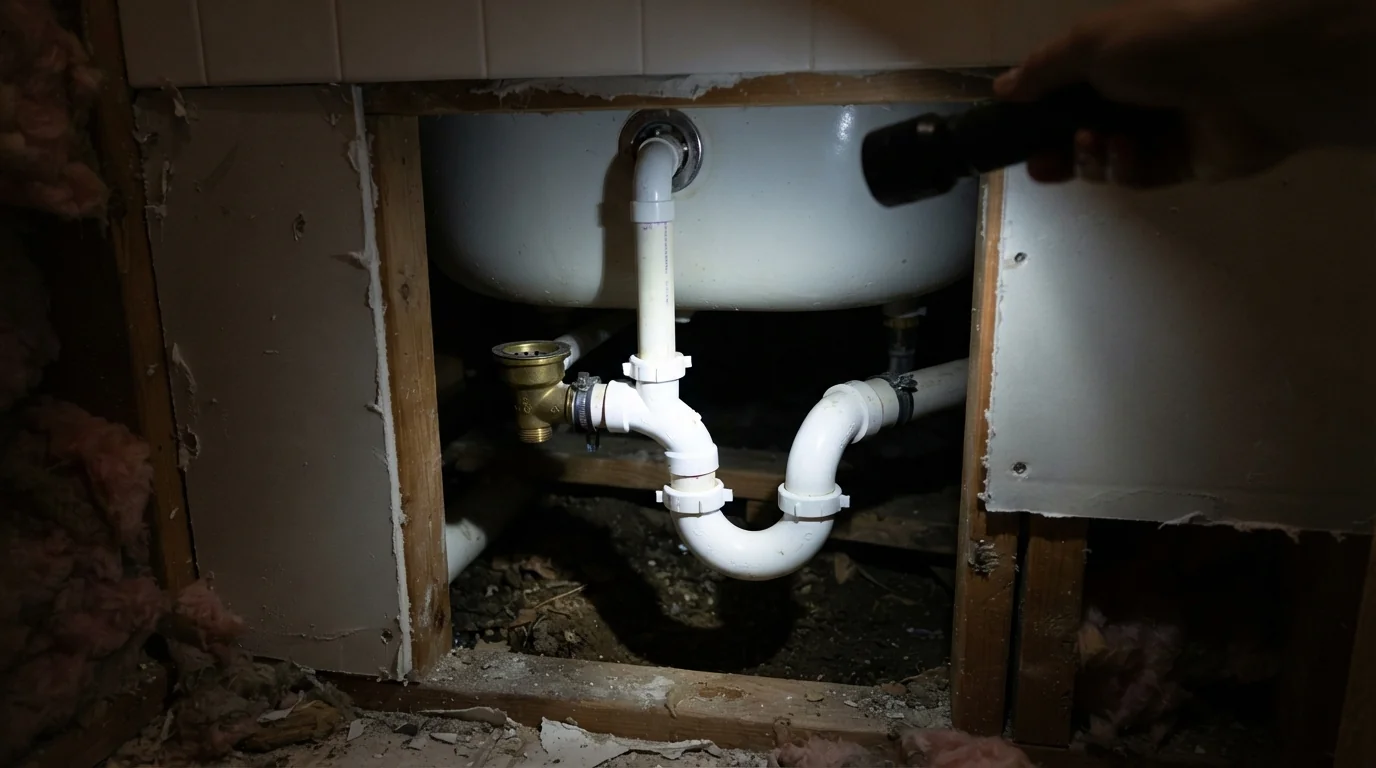 Tub drain and overflow seen through an access panel