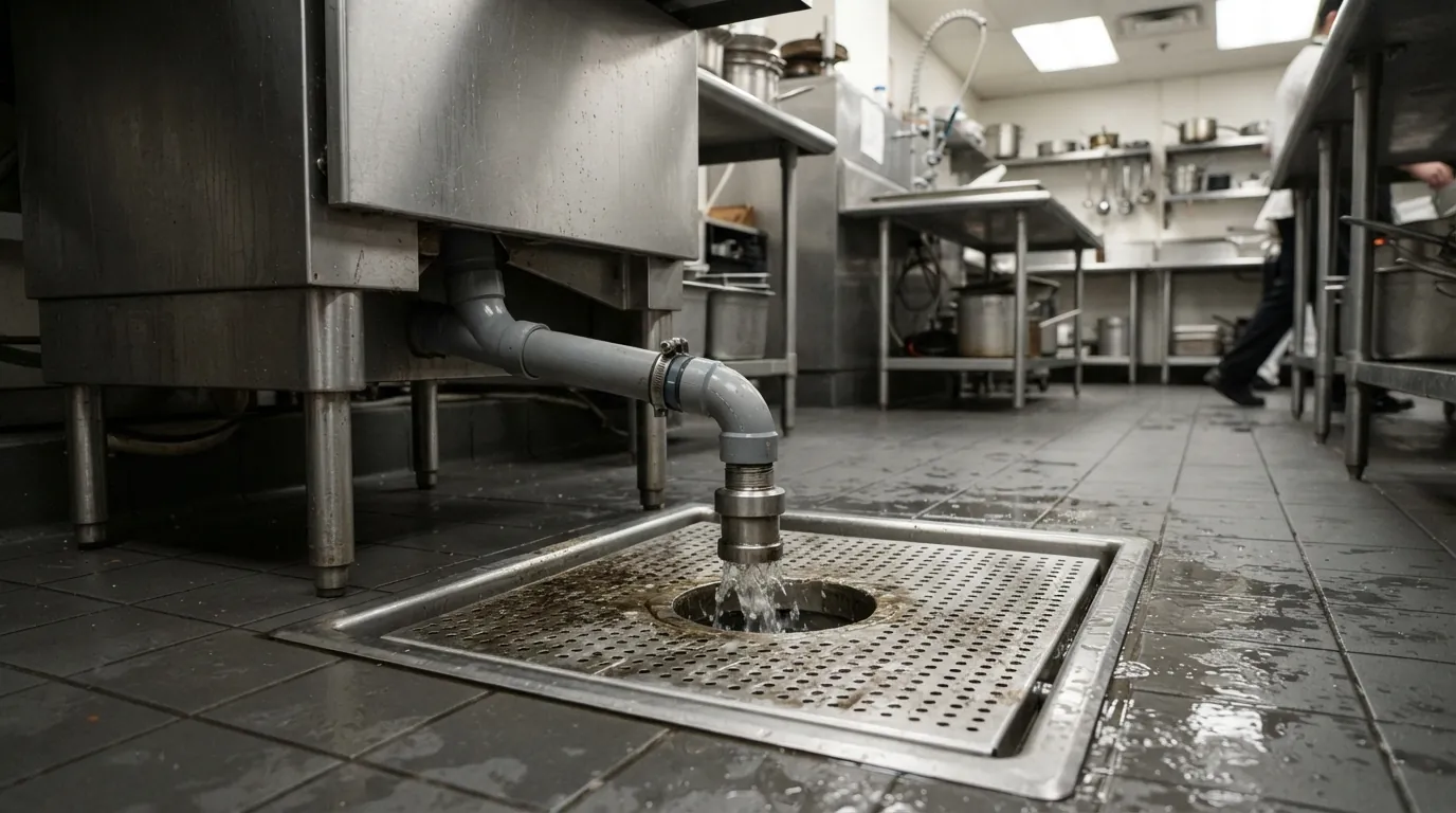 Dish machine drain with an air gap to a floor sink