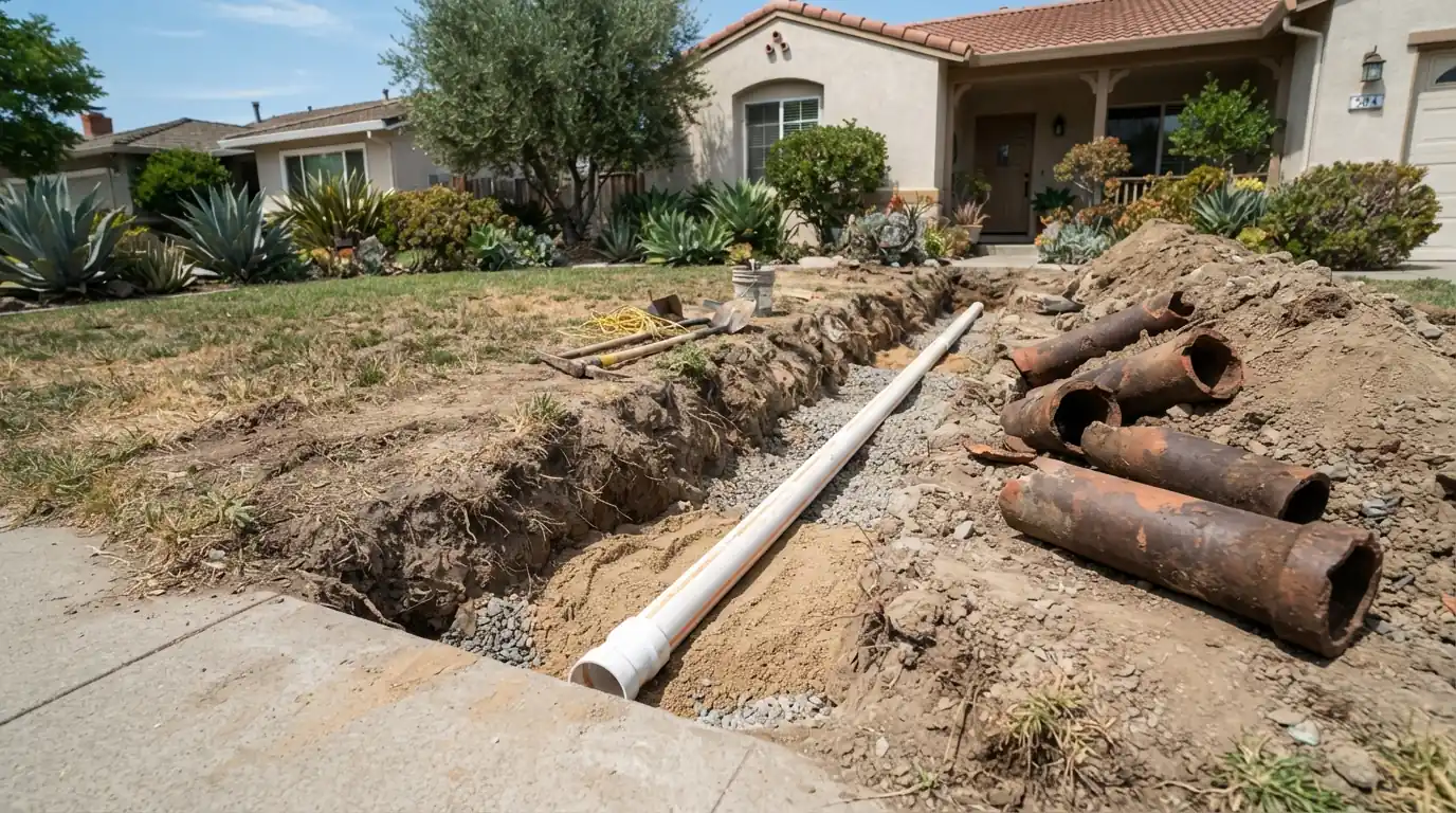 New PVC sewer lateral laid in an open trench in a San Jose yard