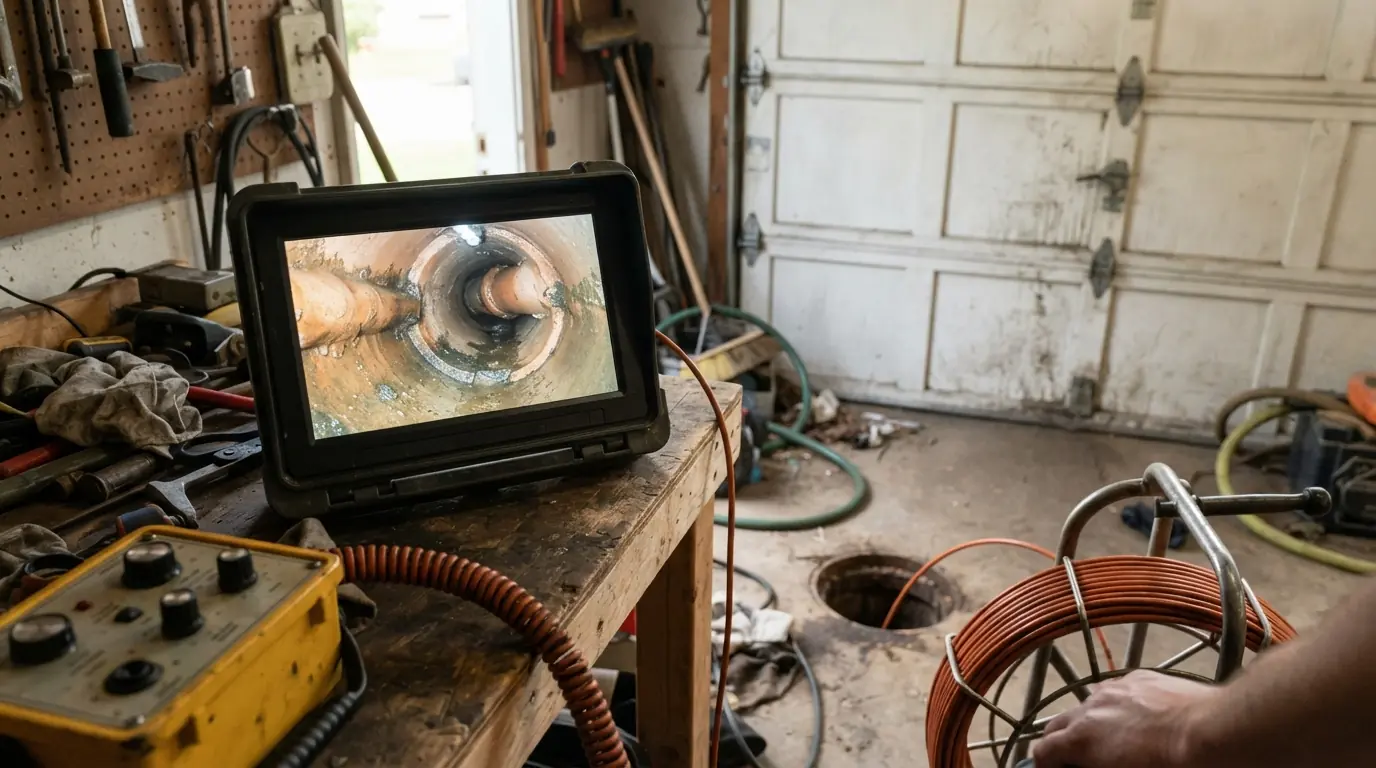 Camera monitor showing a cracked clay pipe joint