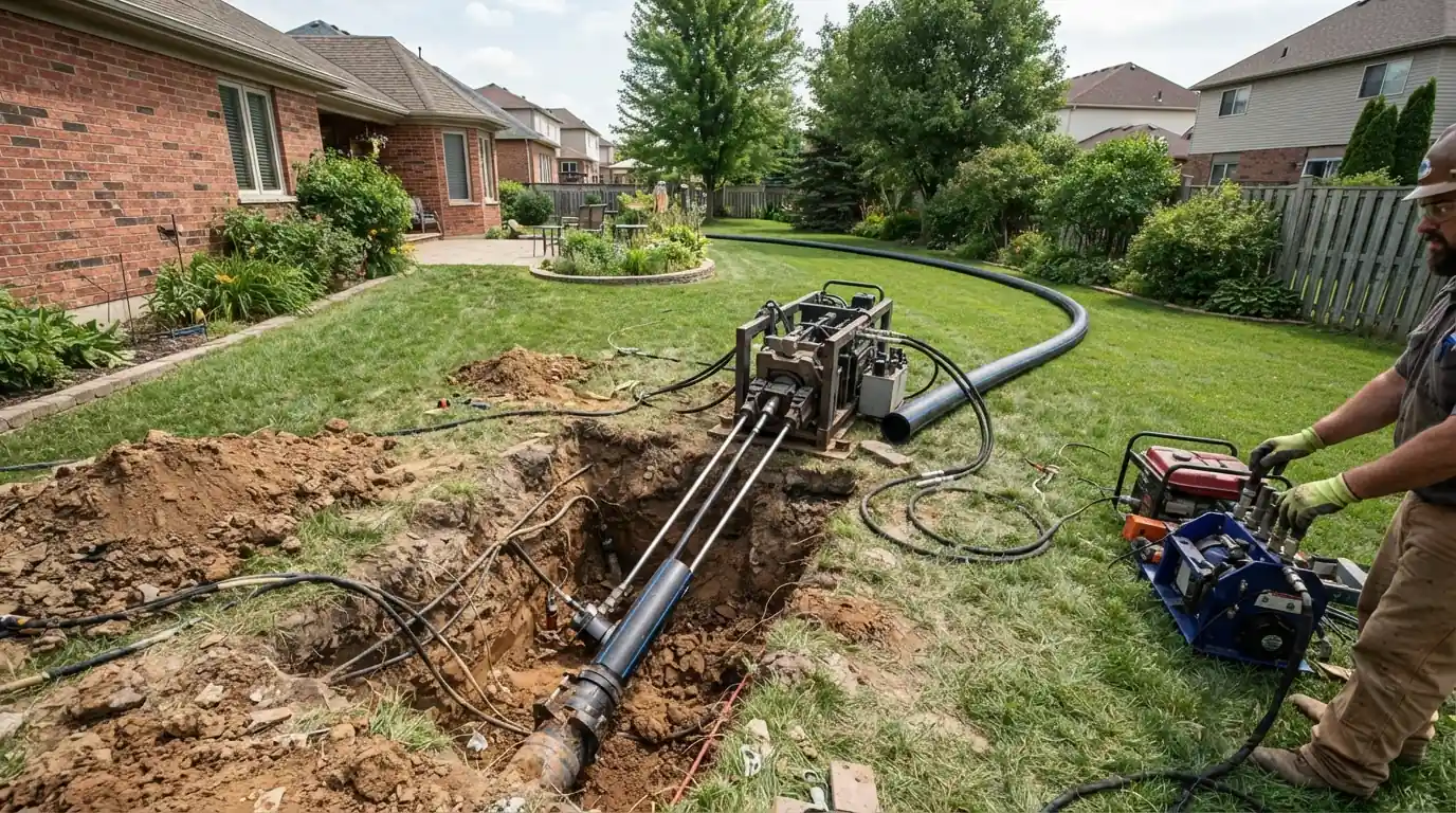 Trenchless pipe bursting equipment set in a yard pit