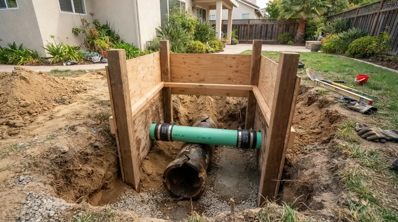 Sewer spot repair pit in a San Jose yard