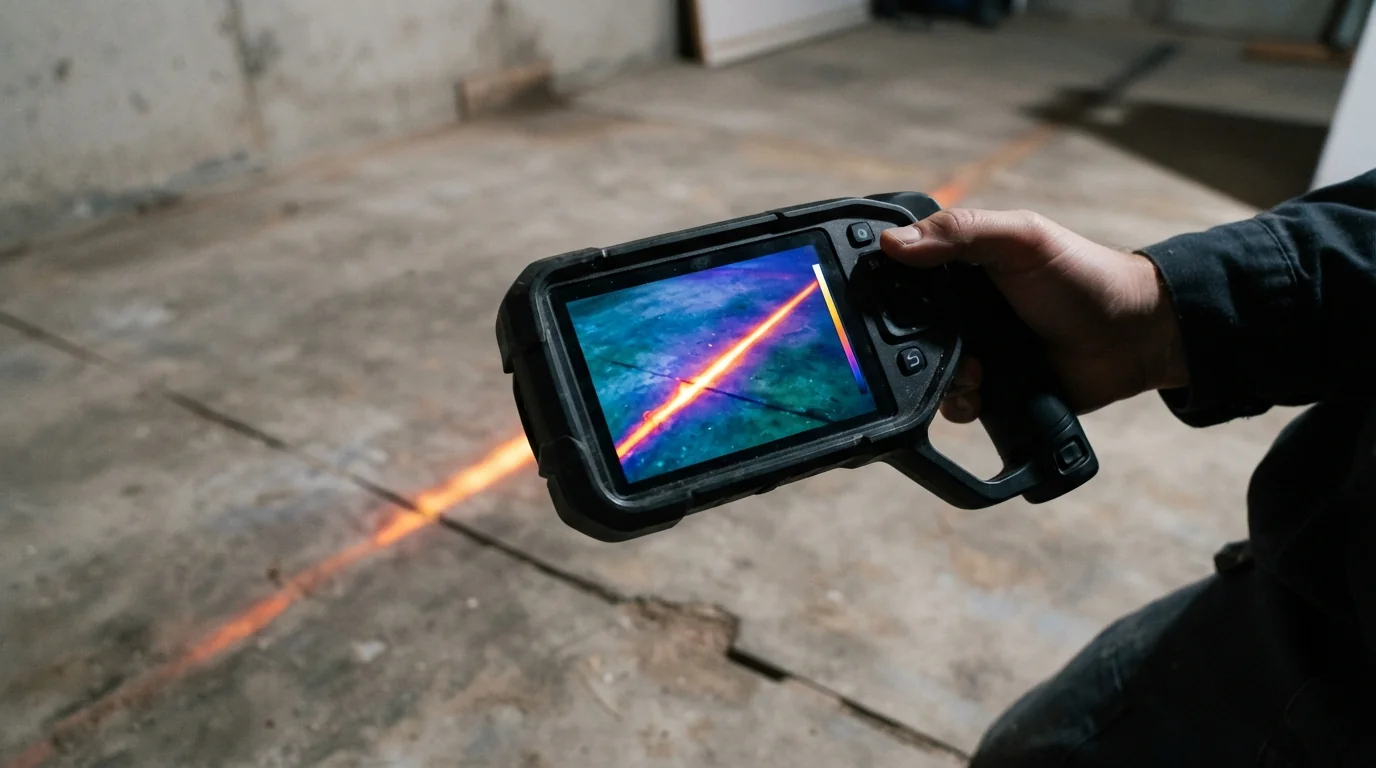 Thermal image of a warm streak over a slab leak