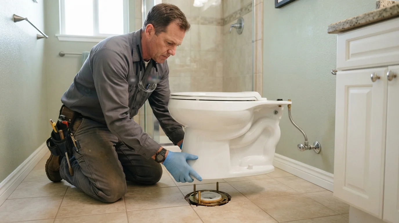 New comfort-height toilet being set in a San Jose bathroom