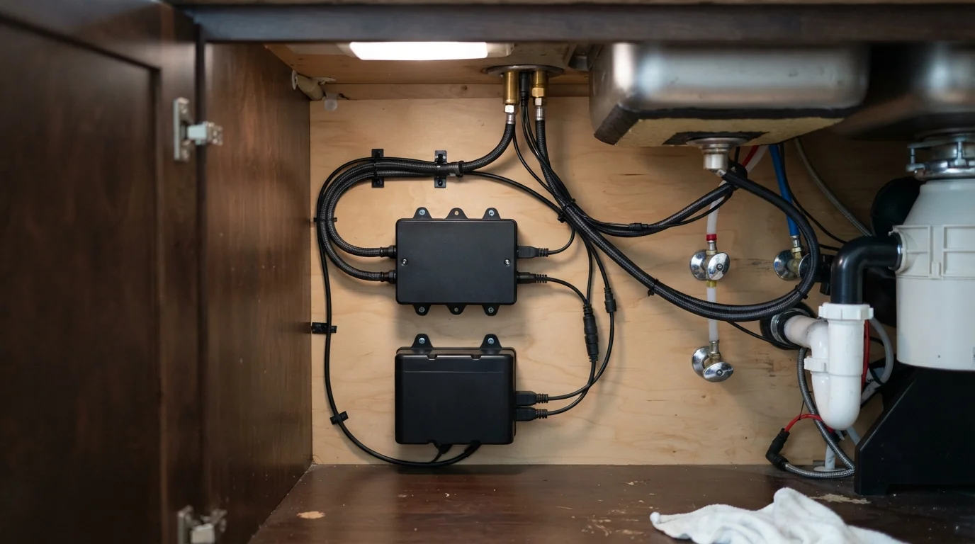 Touchless faucet control box inside a sink cabinet