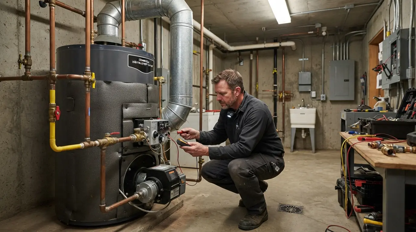 Commercial water heater in a San Jose restaurant mechanical room