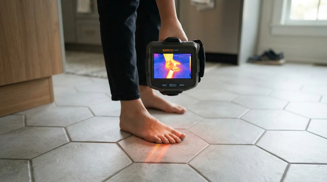 Warm spot on a tiled floor over a slab leak