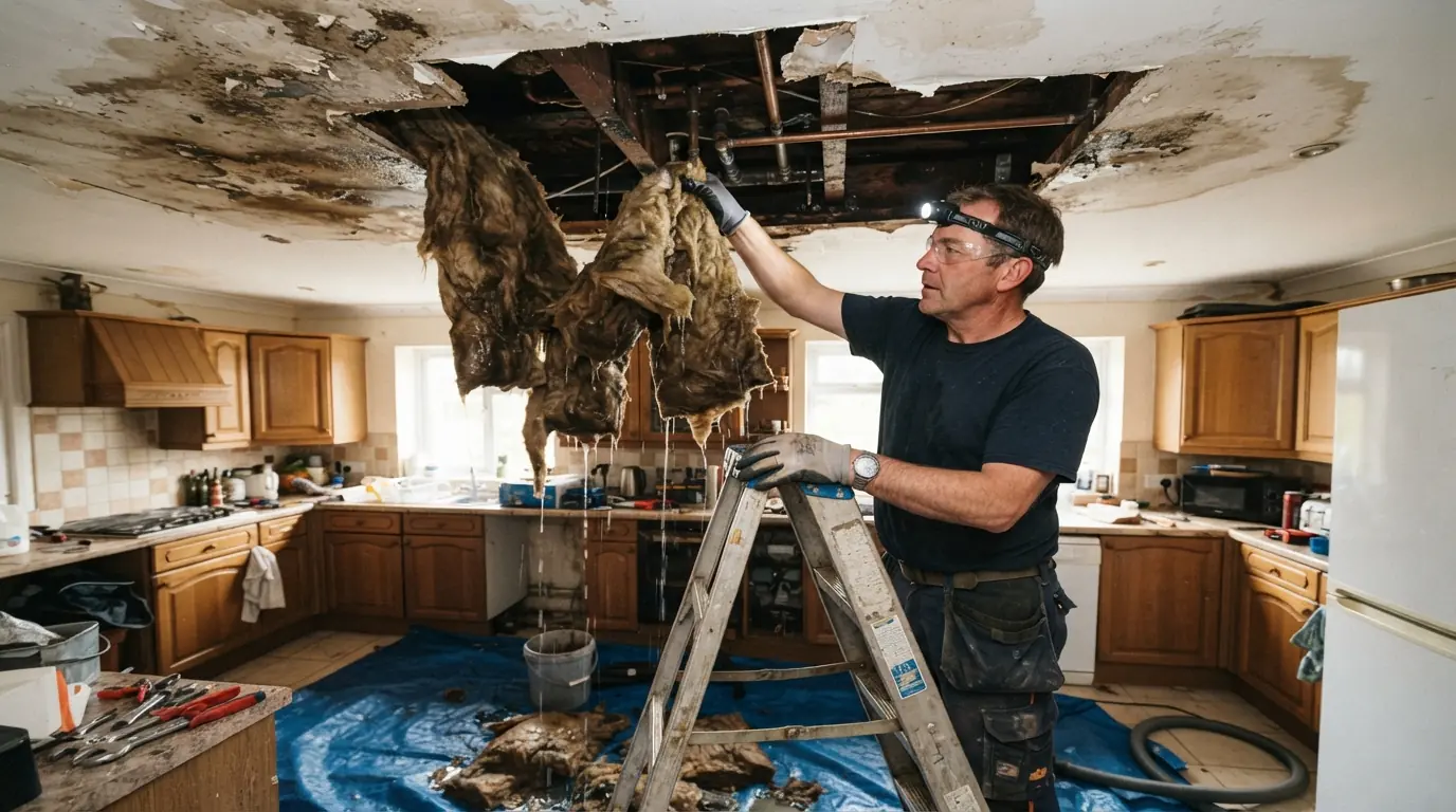 Wet ceiling cavity opened after a burst pipe