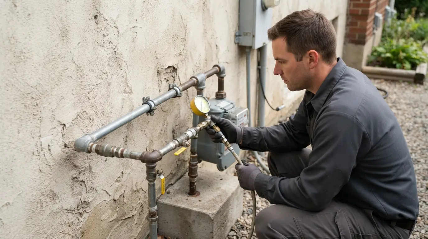 Plumber pressure-testing gas piping at a San Jose meter