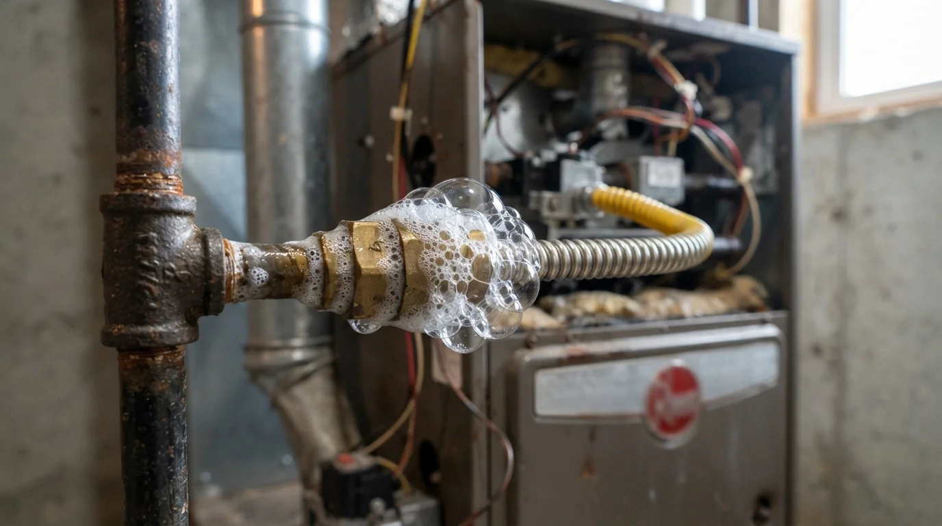 Soap test bubbling on a leaking gas union