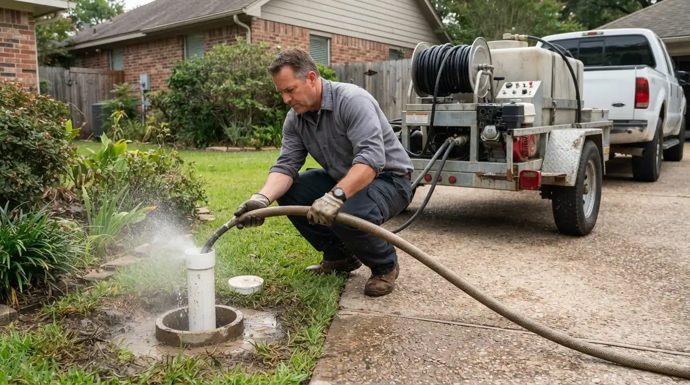 Hydro jetting a sewer cleanout at a San Jose home