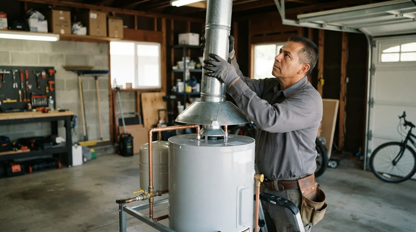 Plumber connecting the flue on a new gas water heater in San Jose