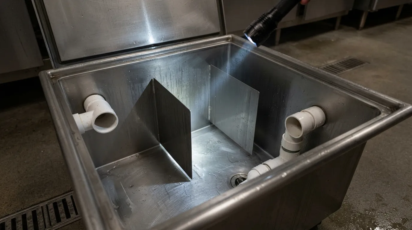 Cleaned grease trap interior with baffles visible