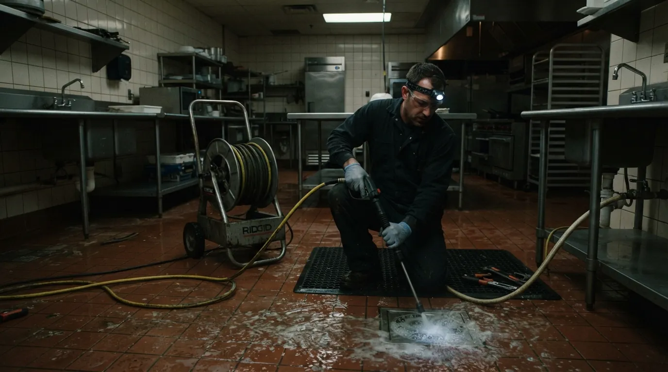 Plumber jetting a restaurant floor drain in San Jose after closing