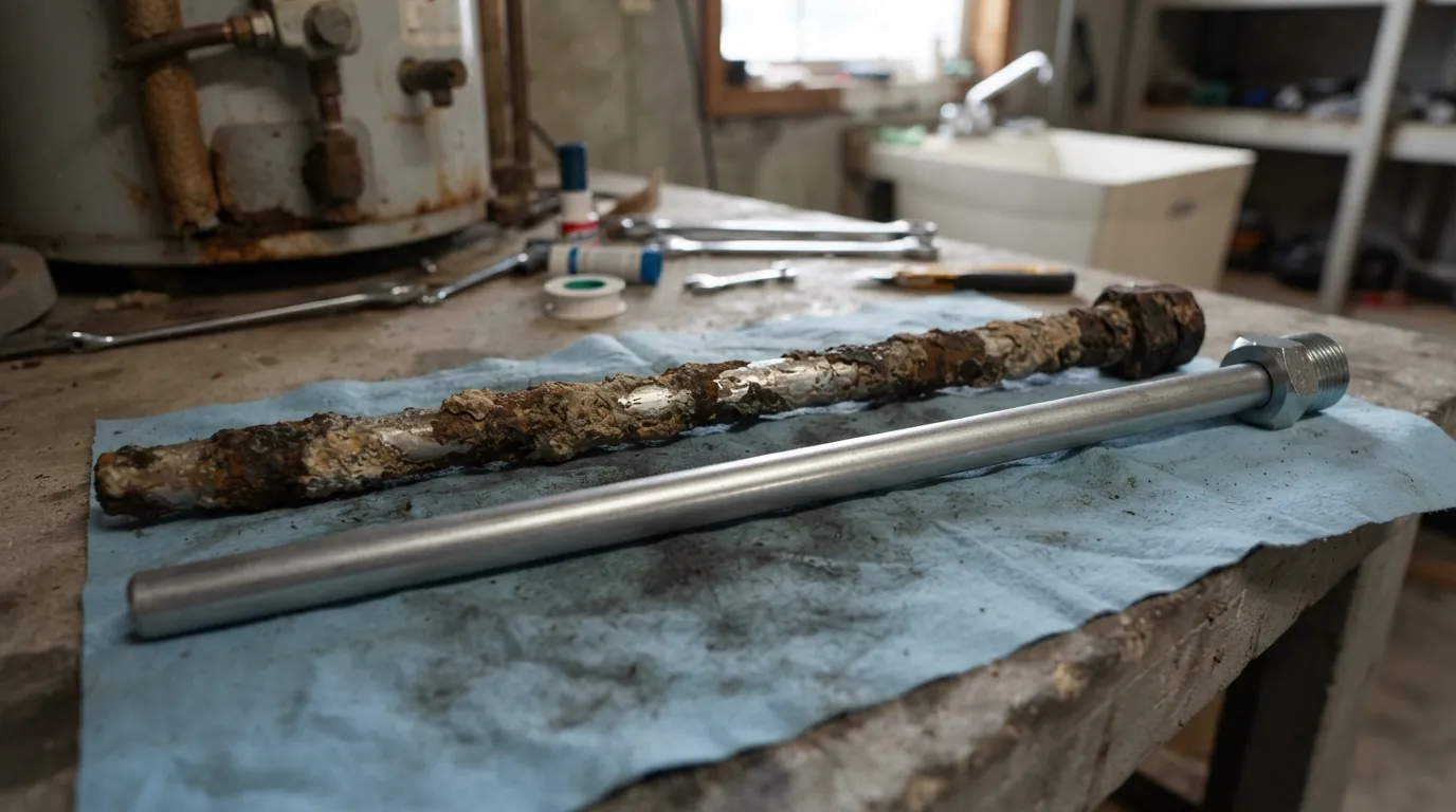 Spent water heater anode rod beside a new one