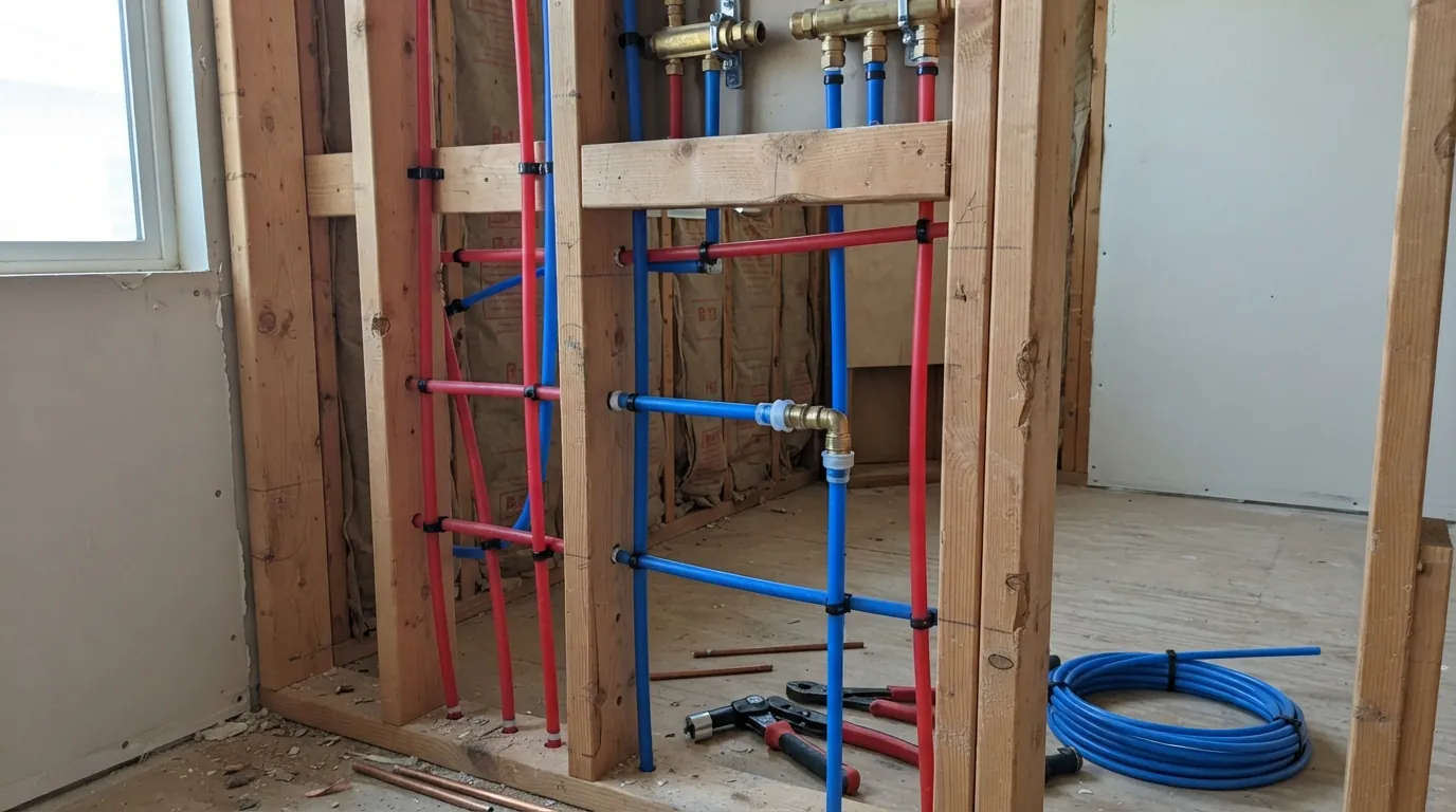 New PEX lines run through wall studs during a San Jose repipe