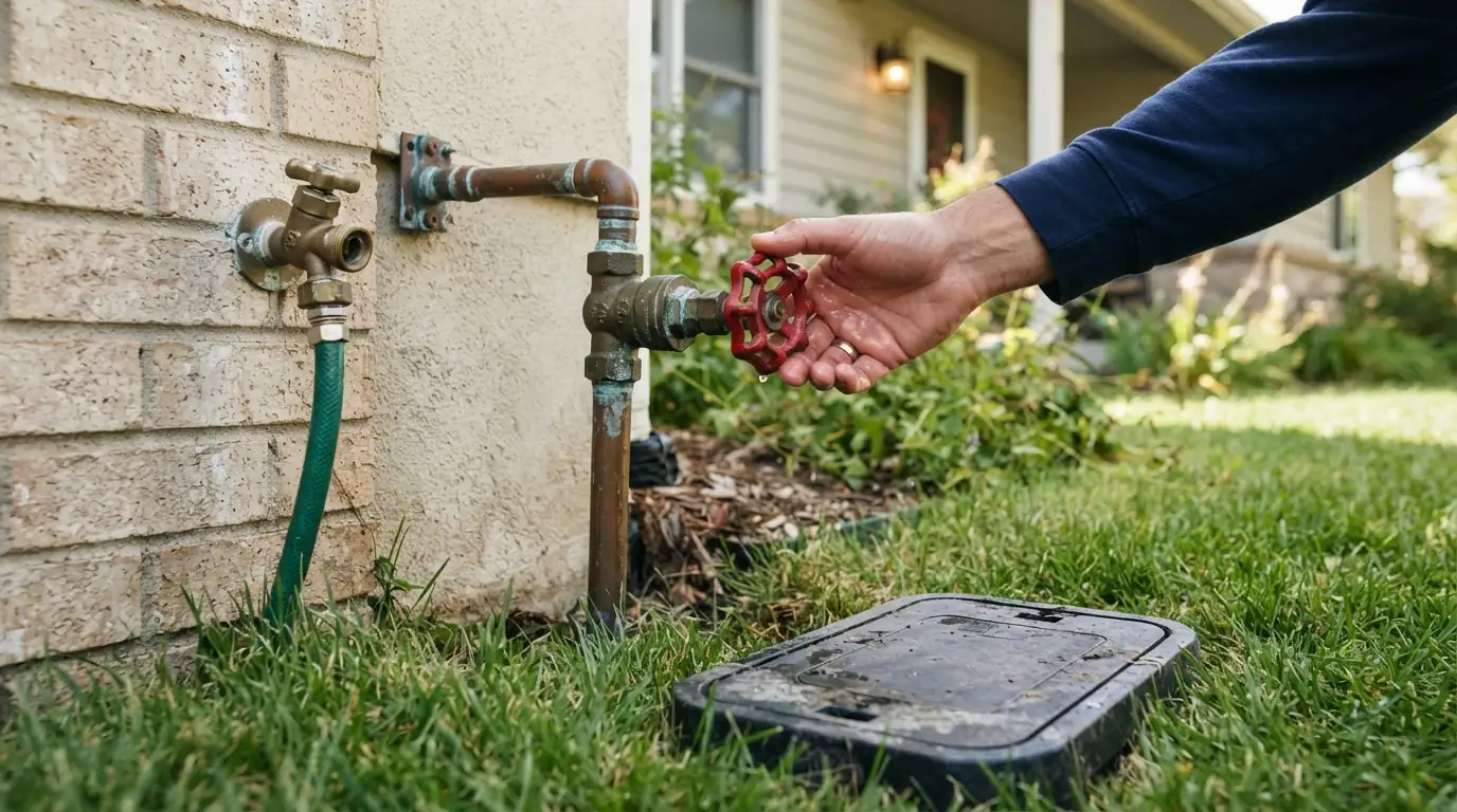 Main water shutoff valve being closed beside a hose bib