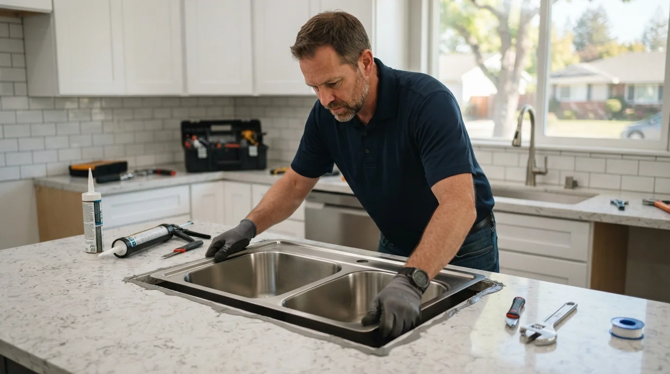 Double-bowl sink being set into a San Jose kitchen counter