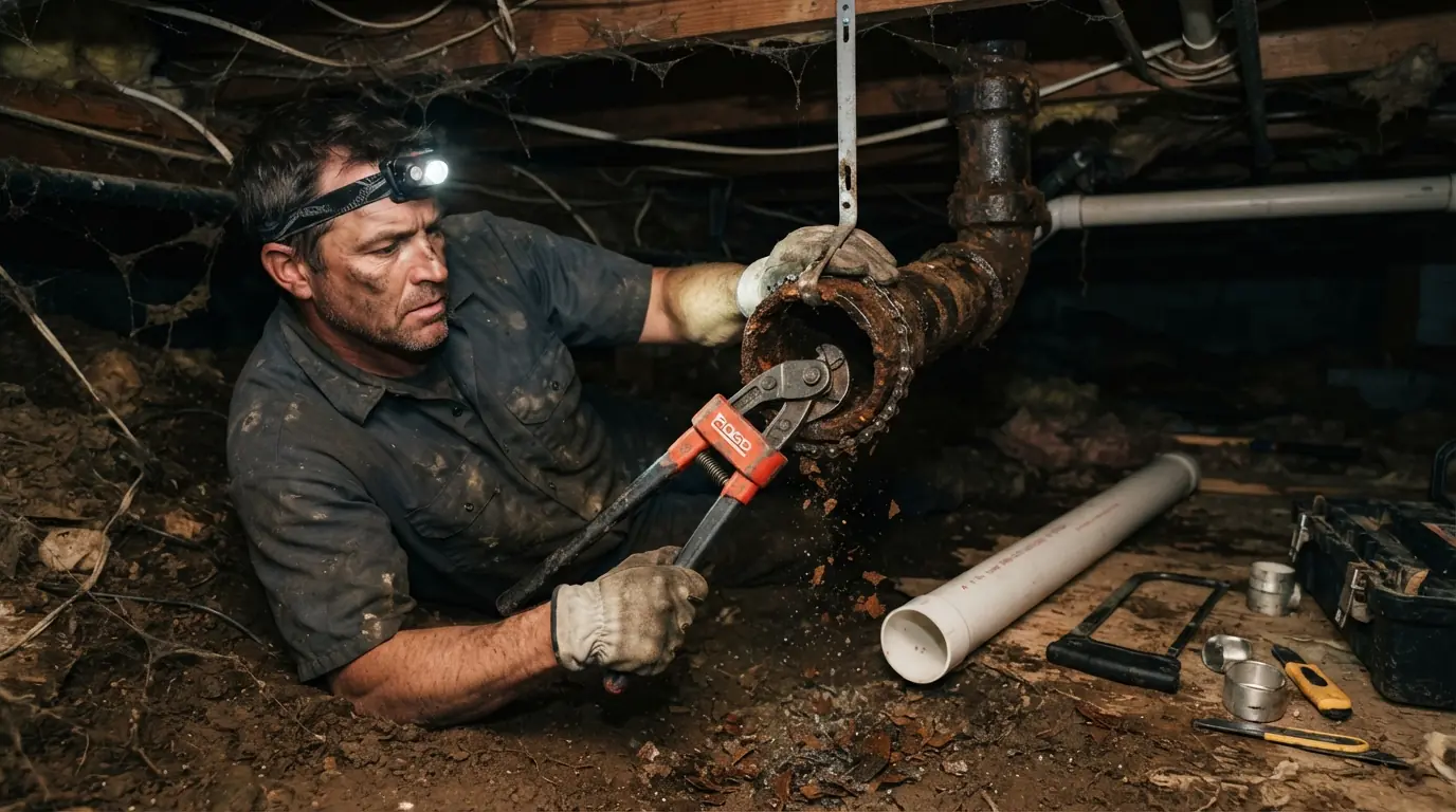 Cast iron drain being cut out in a San Jose crawl space