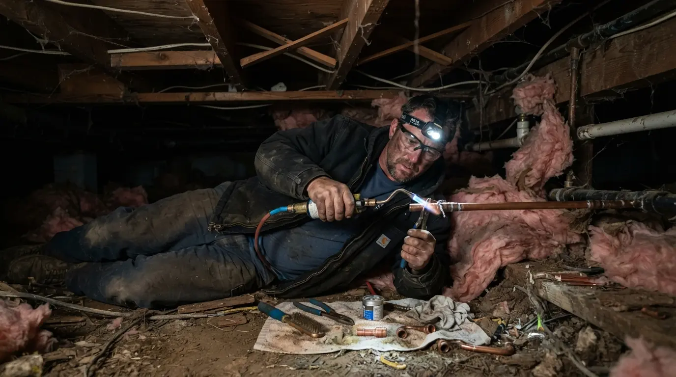 Supply line repair in a crawl space under a raised floor