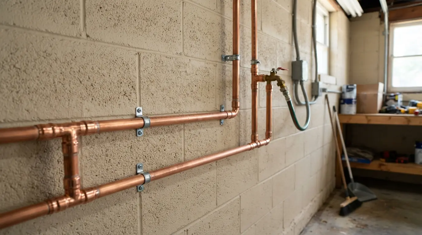 New copper supply lines on a garage wall after a repipe