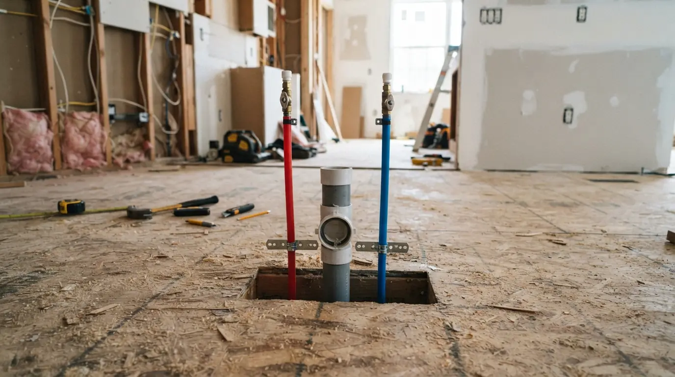 Island sink rough-in during a San Jose kitchen remodel