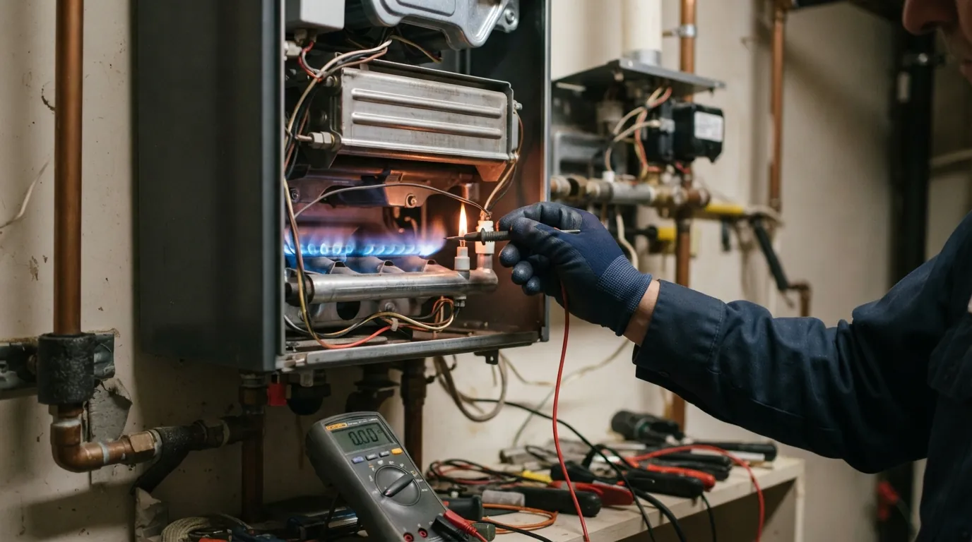 Flame sensor check inside a tankless water heater