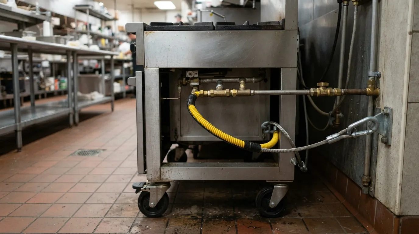 Commercial gas connector with restraining cable behind a range