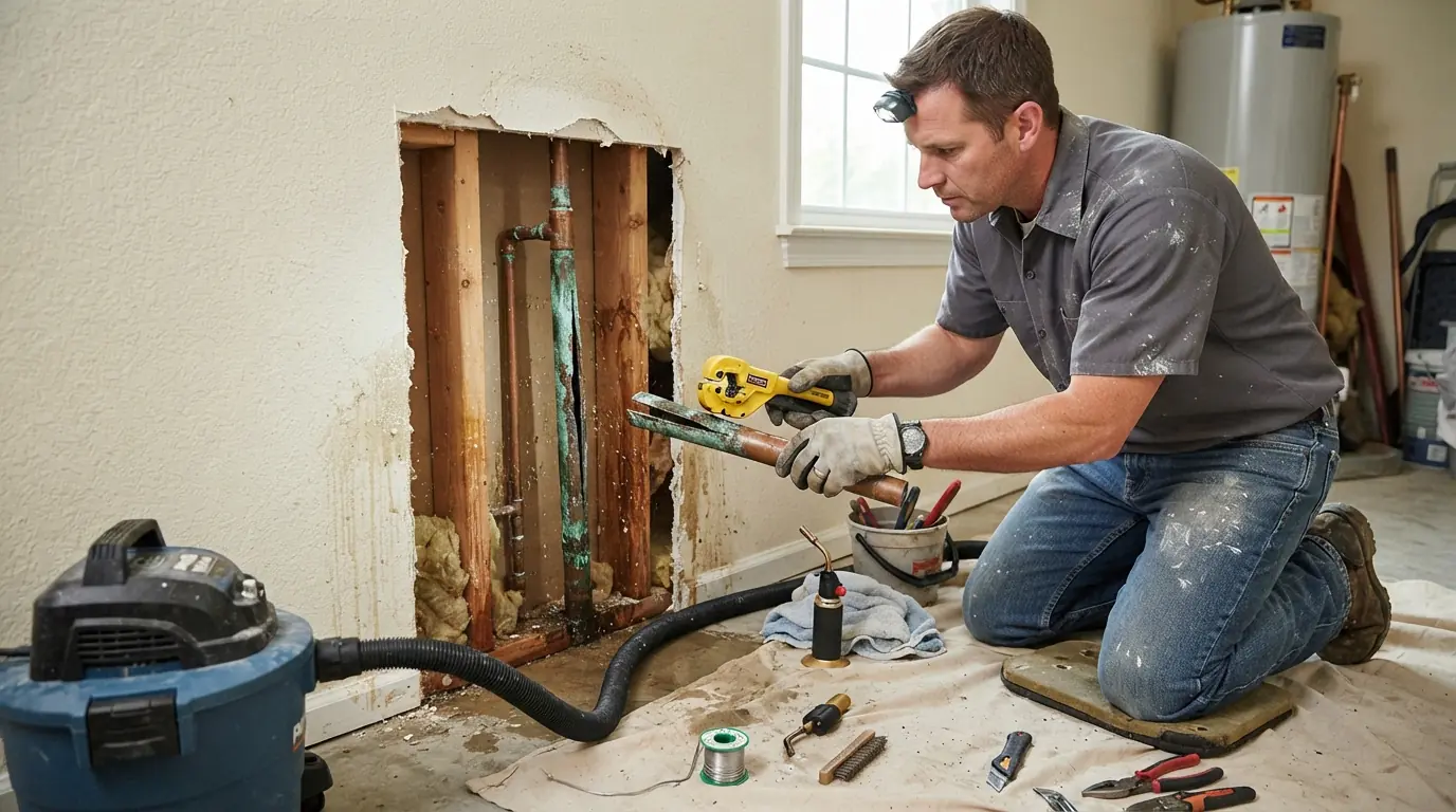 Split copper pipe being repaired inside a wall in San Jose