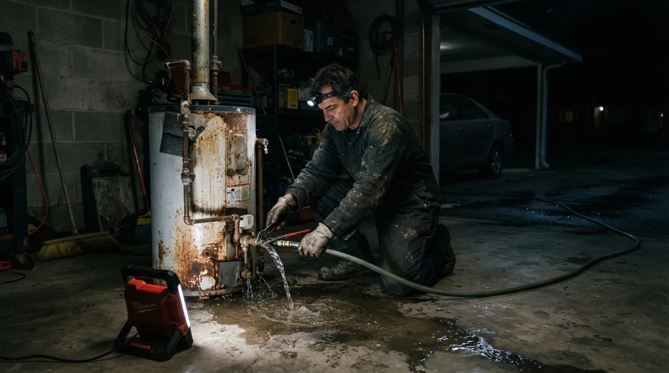 Leaking water heater being drained in a garage at night