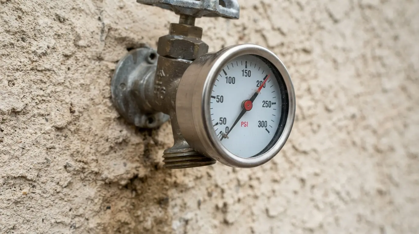 Water pressure gauge threaded onto an outdoor hose bib