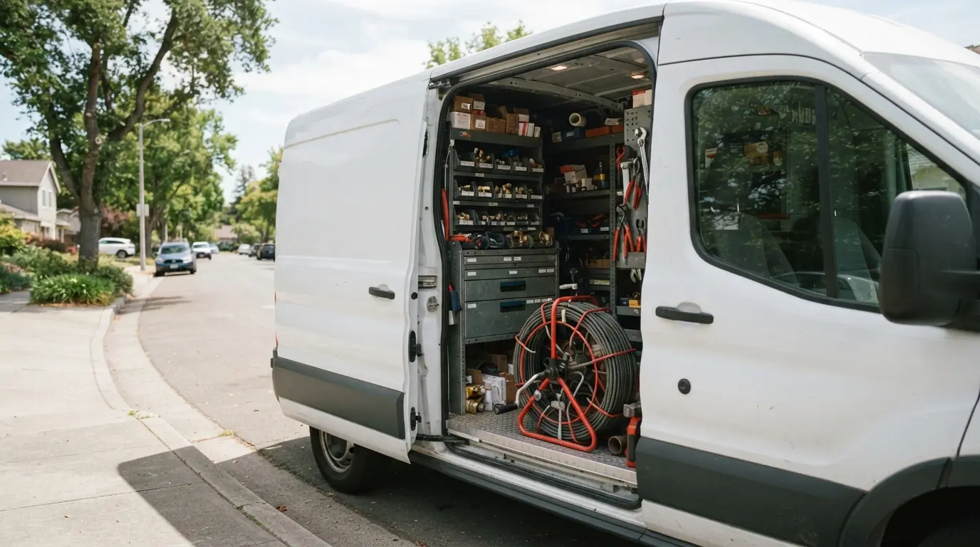 Organized plumbing service van ready for calls in San Jose